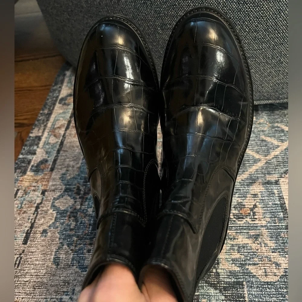 Jeffrey Campbell‎ Black Chelsea Boots Lomon Croc Embossed Low Heel Leather Sz 10